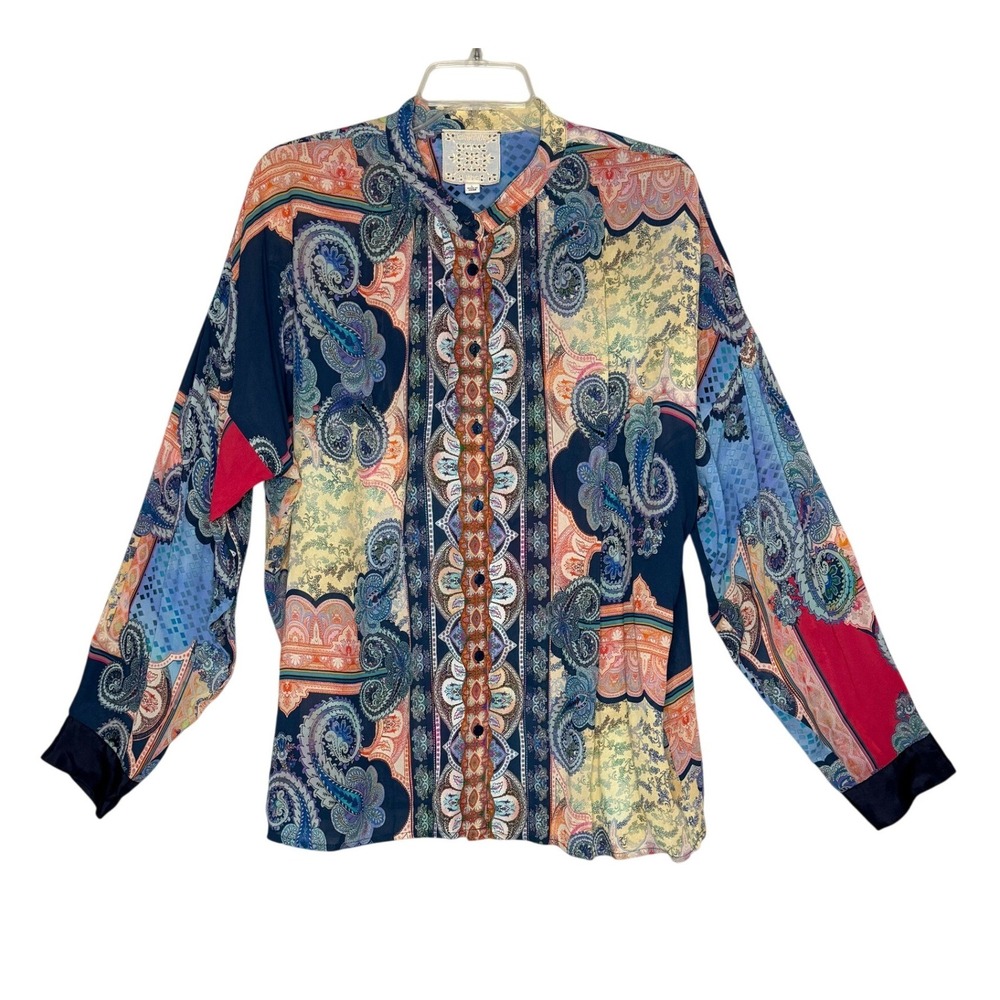 Johnny Was Jade Blouse Artistic Paisley Print Oversized Silk Lined Size Large
